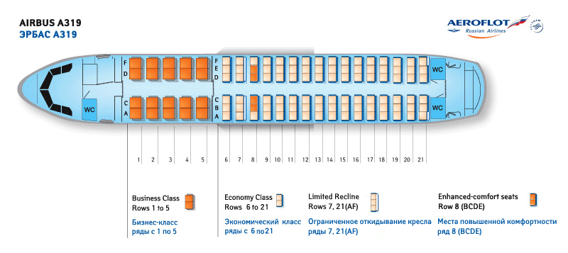 Схема посадочных мест A319 Аэрофлот