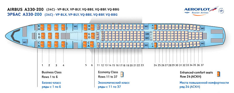 Схема посадочных мест A330-200 Аэрофлот