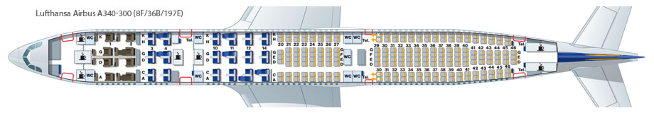 Схема посадочных мест A340-300 Lufthansa. Компоновка 1.