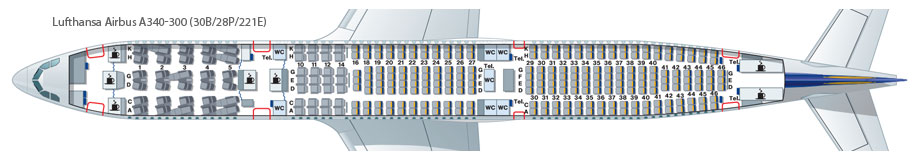 Схема посадочных мест A340-300 Lufthansa. Компоновка 3.