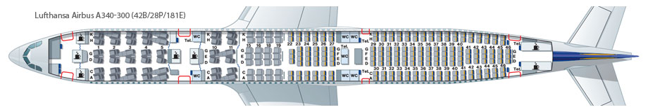 Схема посадочных мест A340-300 Lufthansa. Компоновка 4.